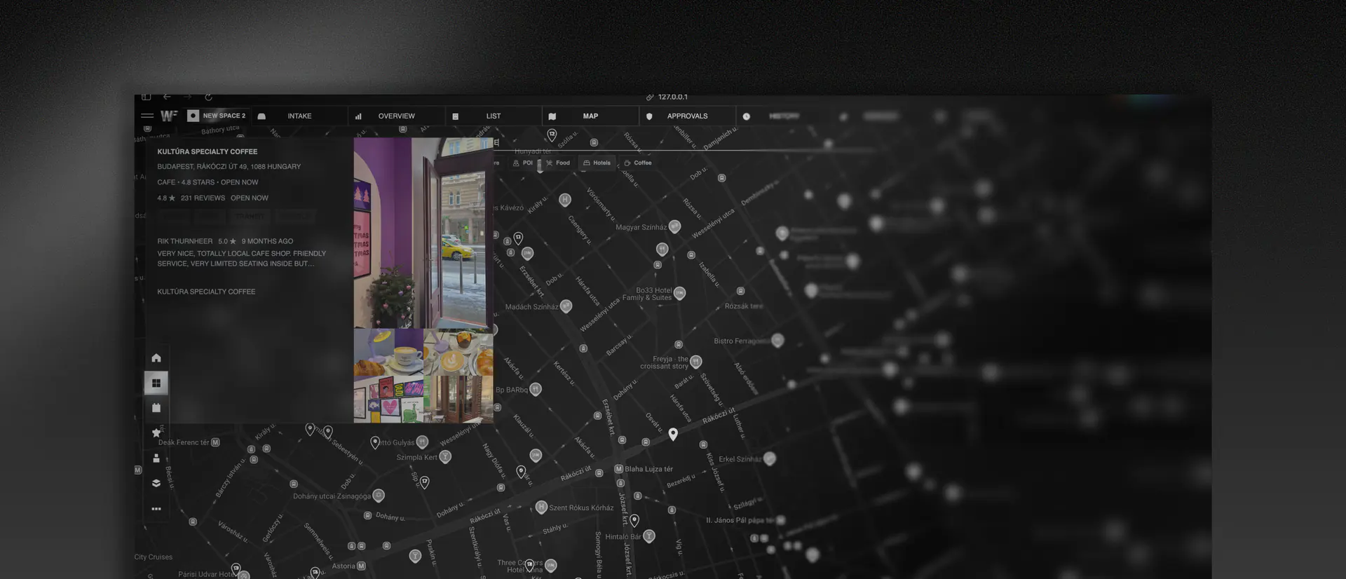 Space database entry shown beside its live map dashboard