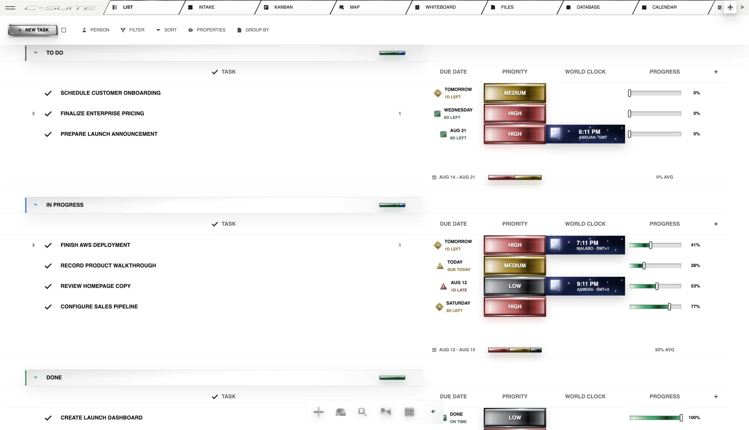 Corporate Suite List view showing launch work grouped by status