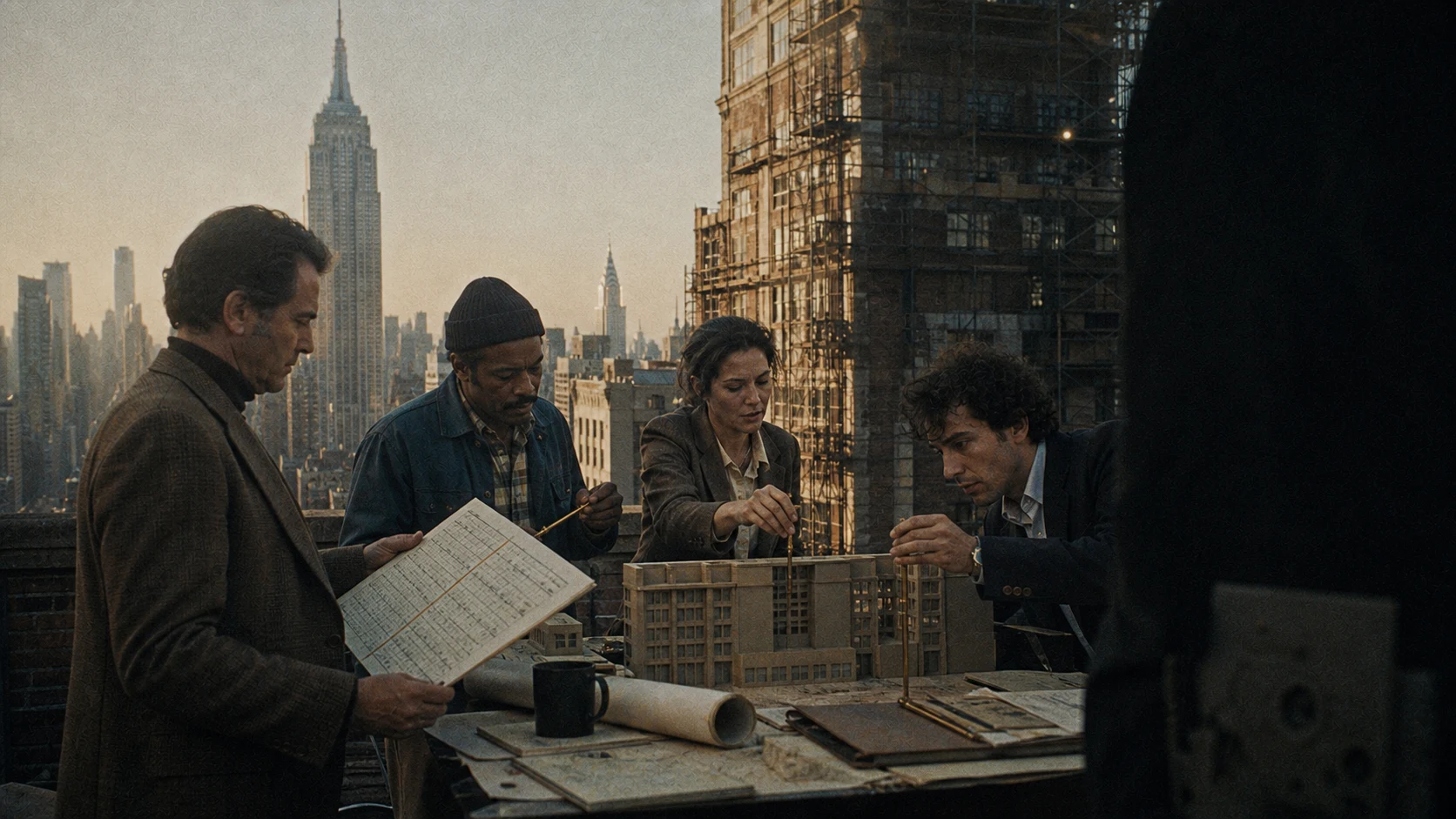 A project team aligns a scale building model with the real Manhattan construction around it