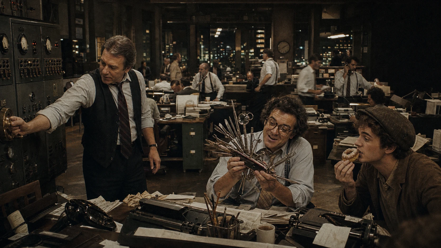 A newspaper editor admires an extraordinary multi-tool while the managing editor starts the whole press with one control
