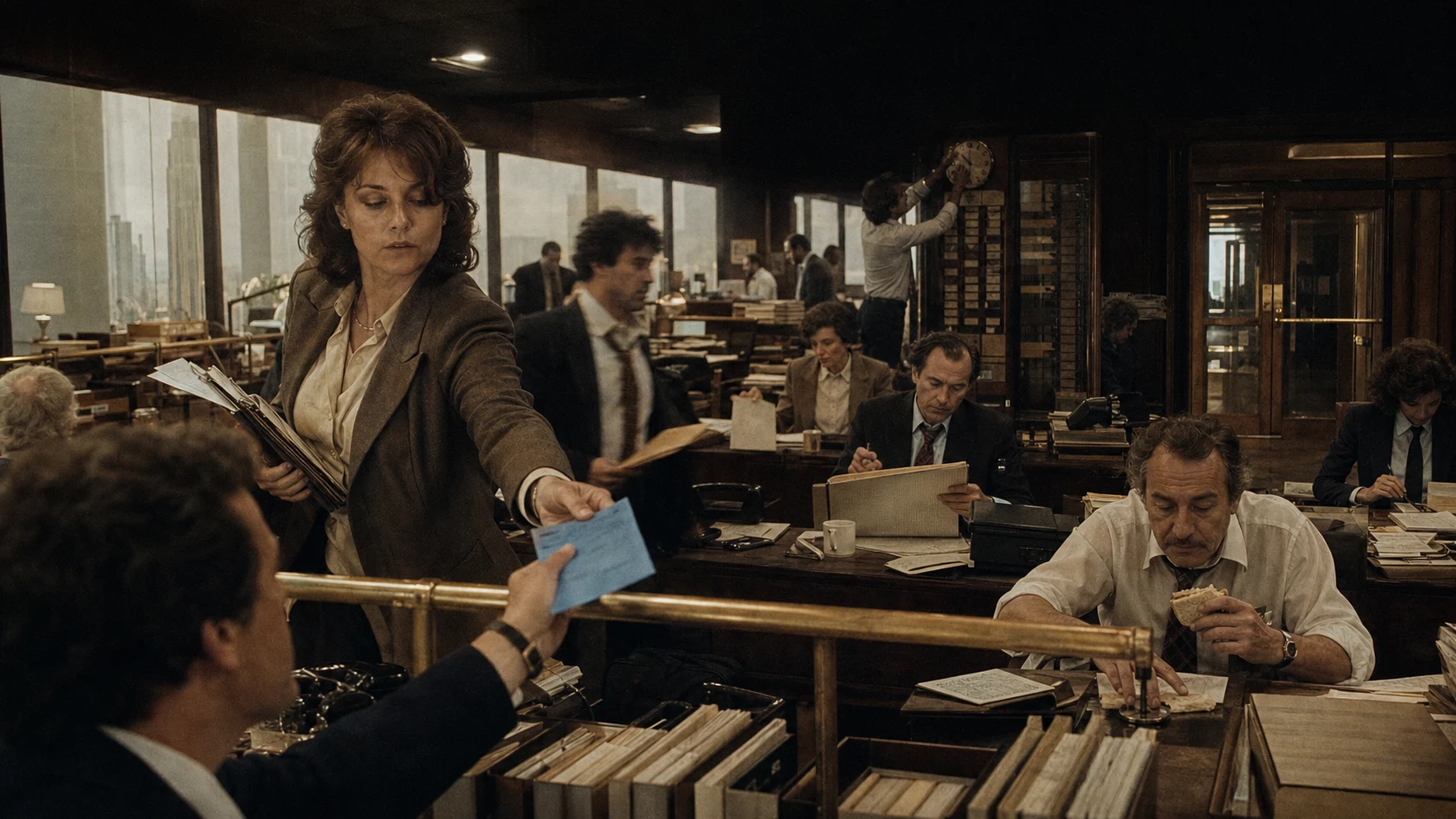 A company operations chief passes one work docket across a busy late-1970s New York financial floor while the wider company works around it