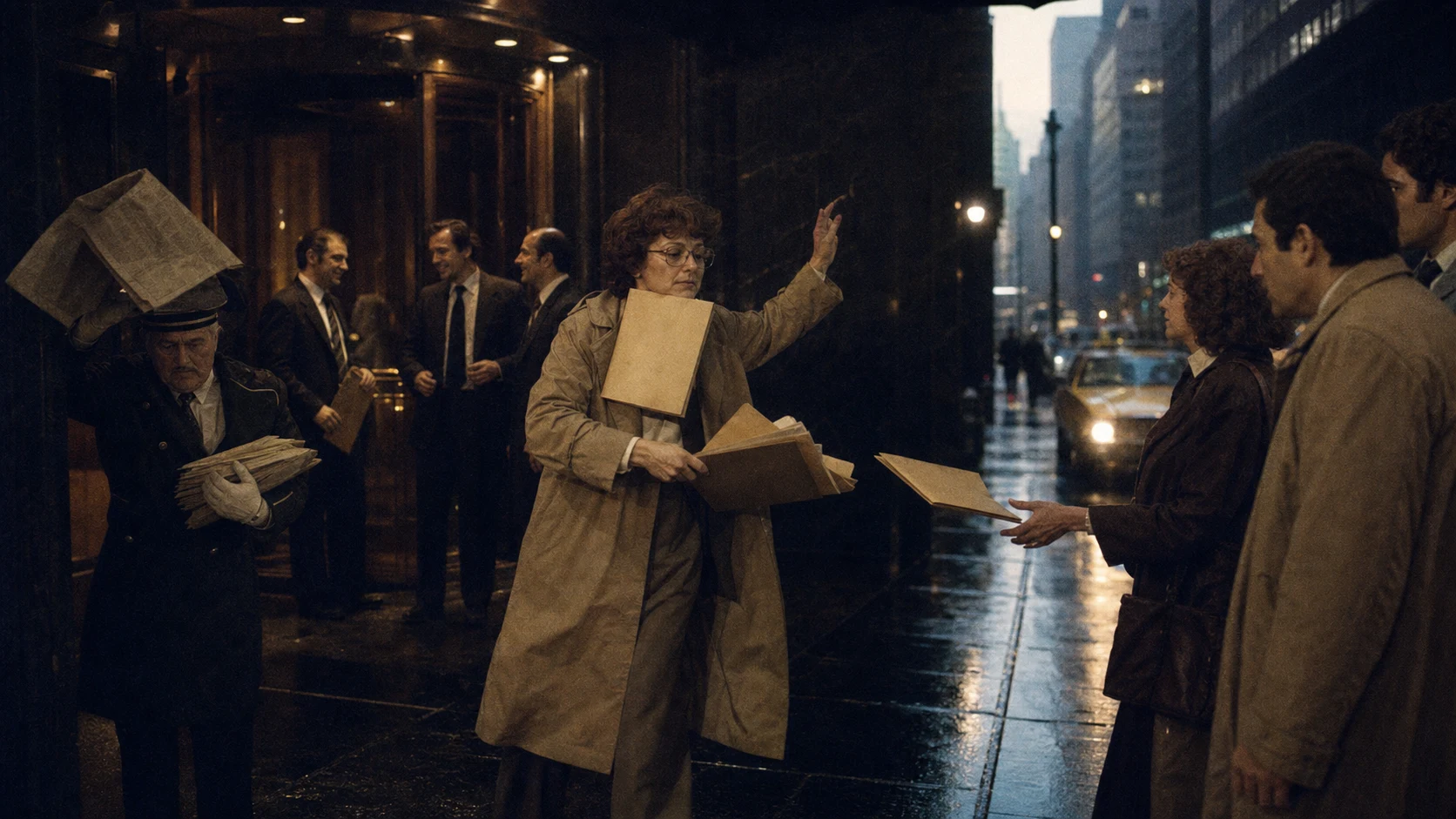 A company secretary distributes decision folders outside a Manhattan leadership meeting in the rain