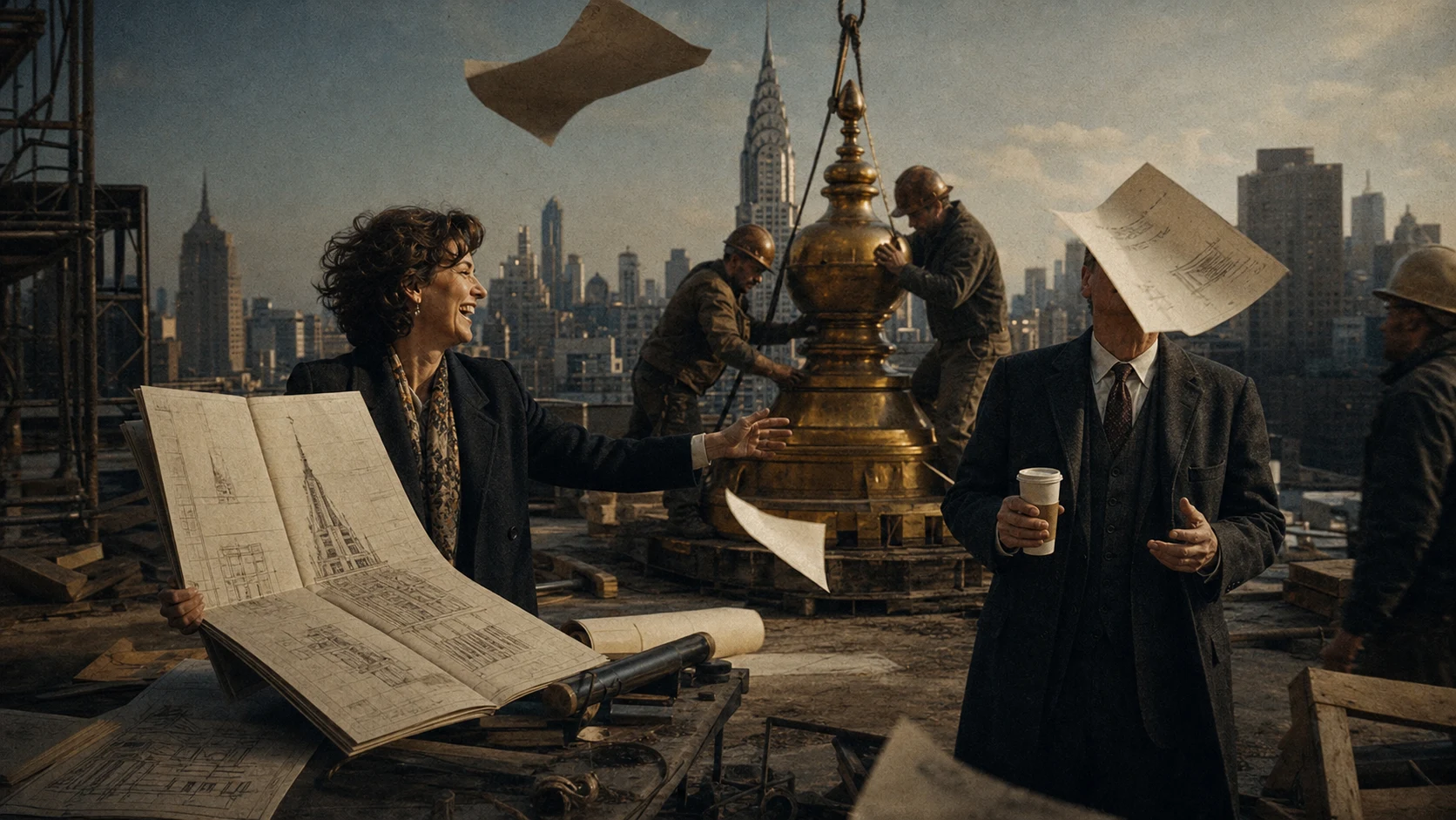 An architect laughs as a gust lifts the master plans across a Manhattan rooftop where the real work continues