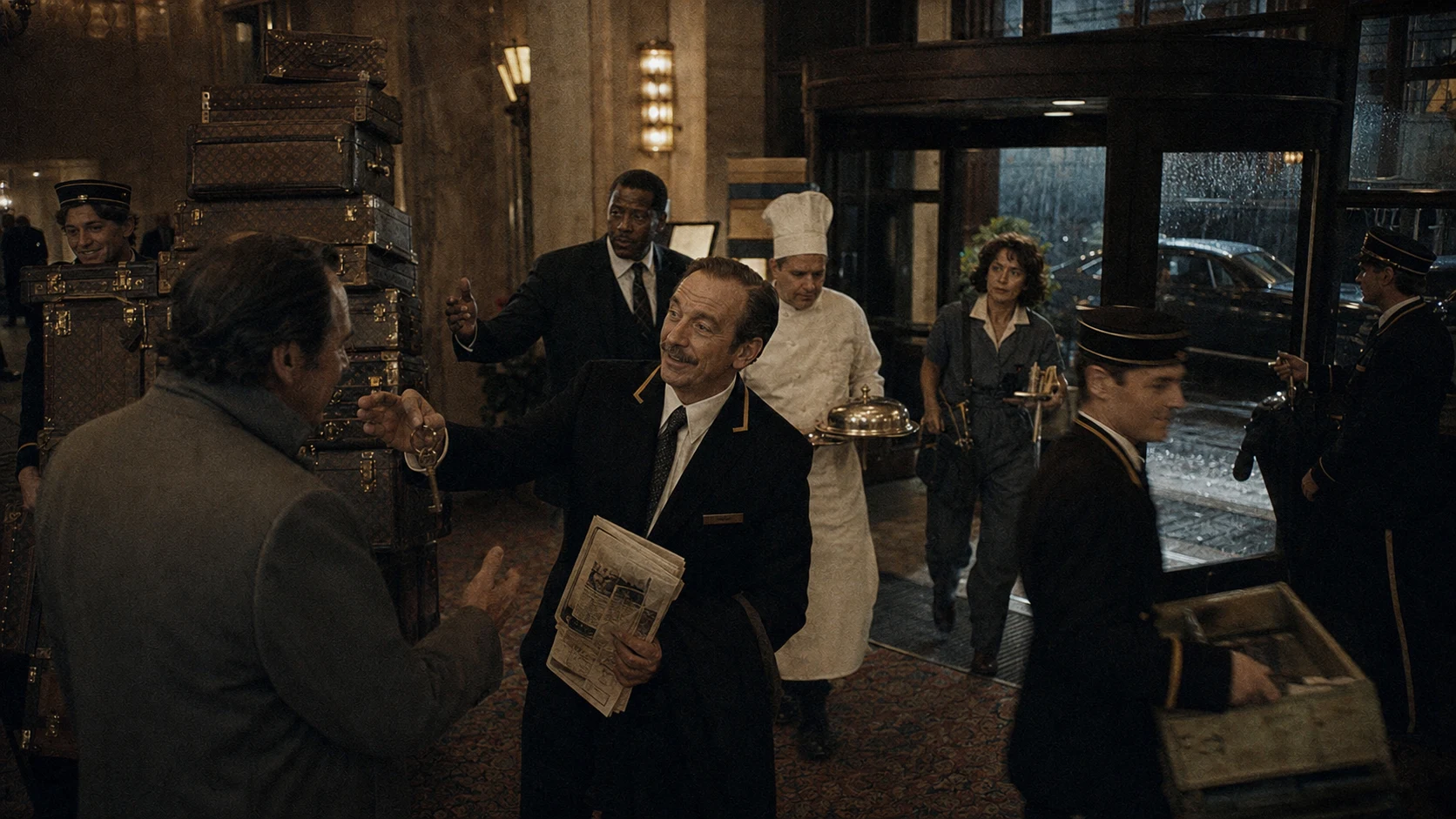 A hotel concierge welcomes a returning guest while the entire hotel operation moves behind him