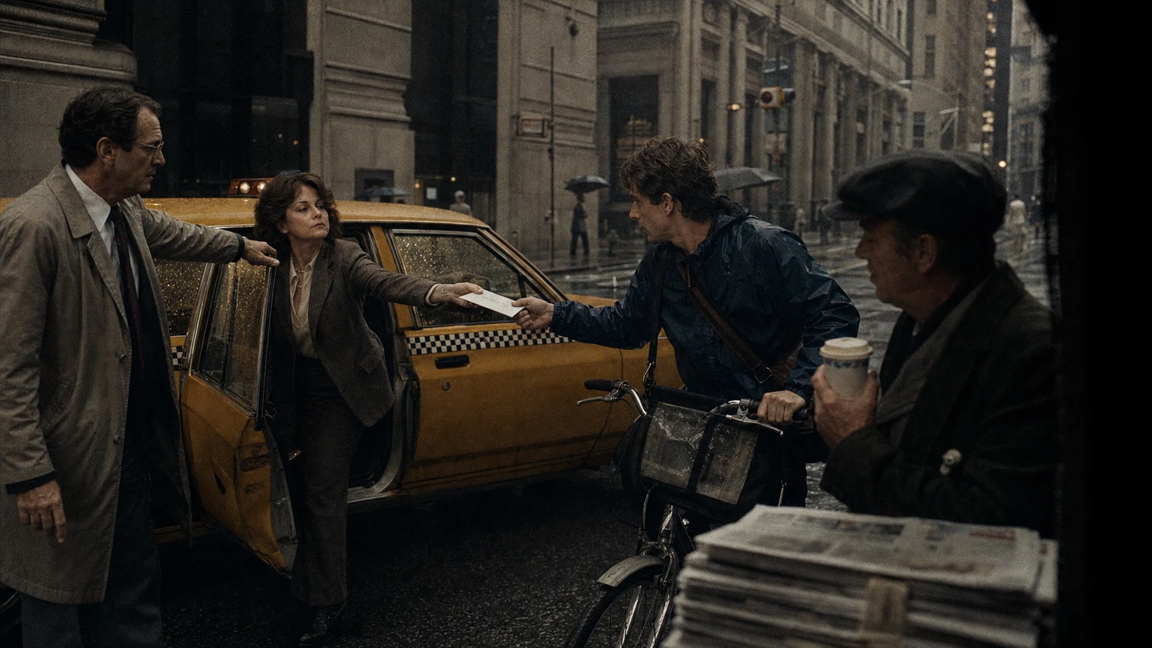 A decision envelope passes from a yellow cab to a bicycle messenger on a rainy Wall Street corner