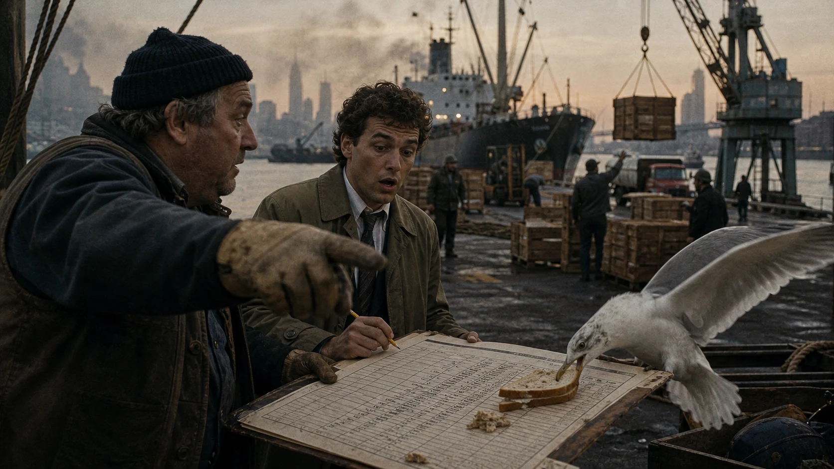 A dock foreman points from a grid ledger to real cargo while a gull steals the analyst's sandwich