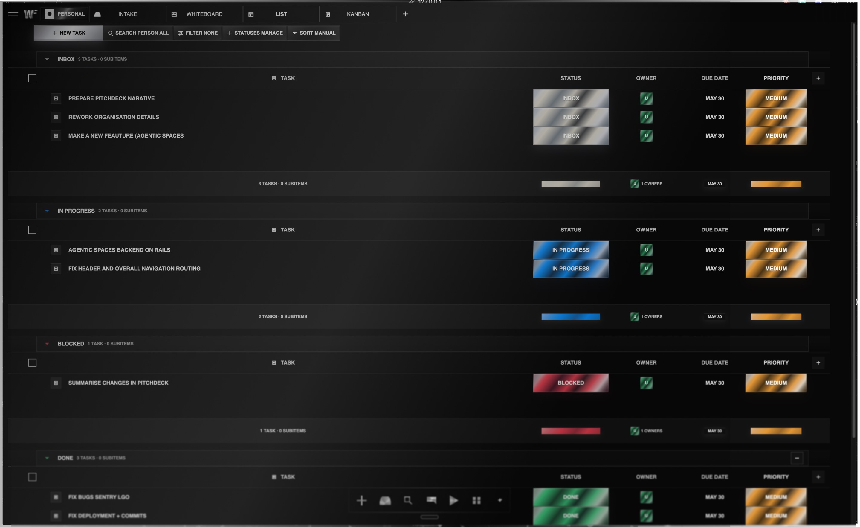 Corporate Suite list surface showing task groups, owners, status, due dates, and priority
