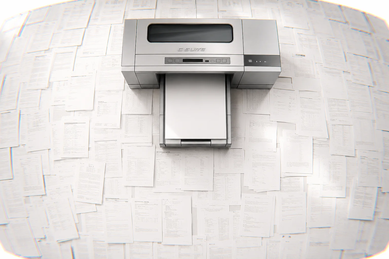 A metallic printer surrounded by printed company reports