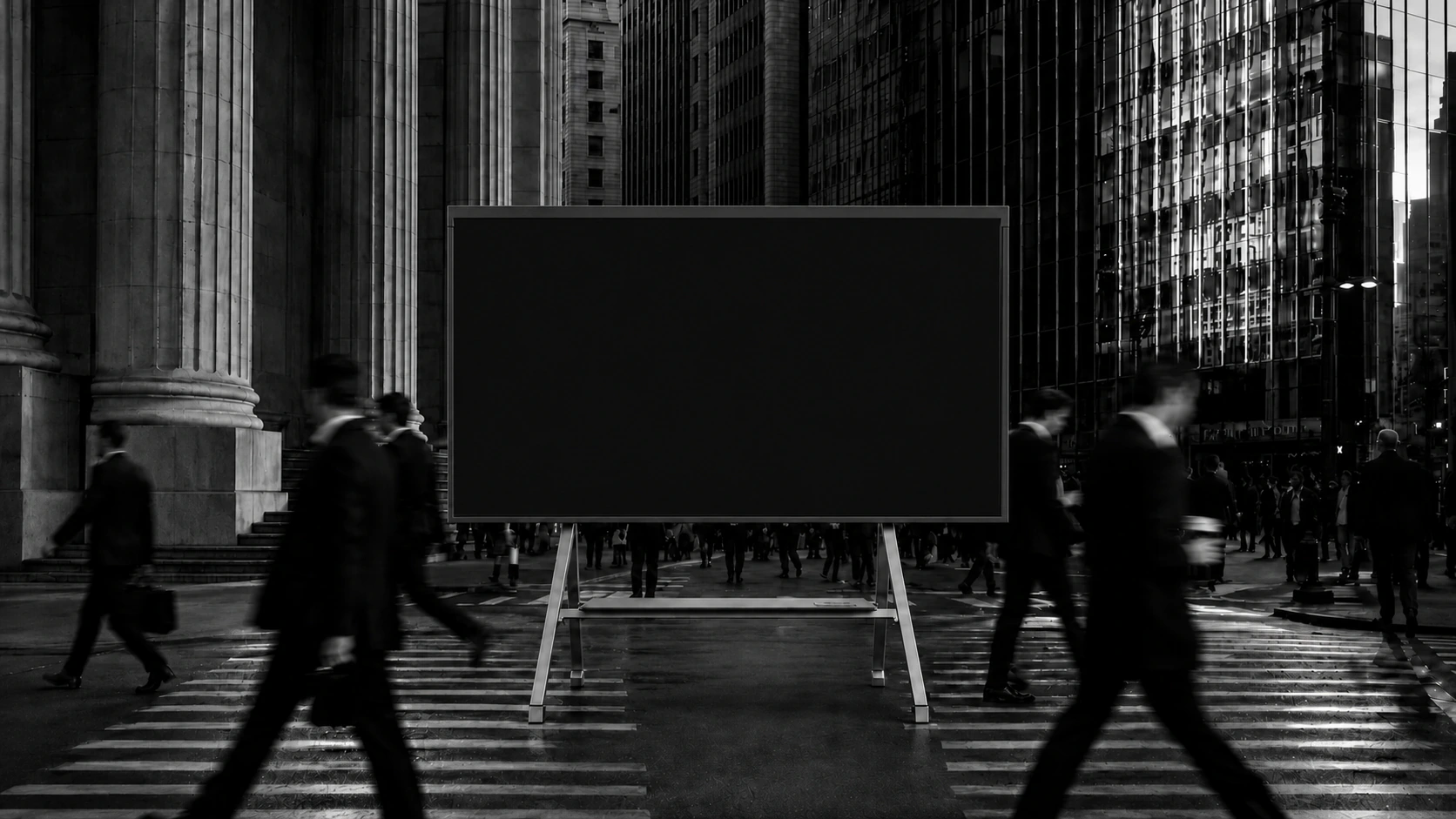 Corporate Suite views displayed on a freestanding screen in a city business district
