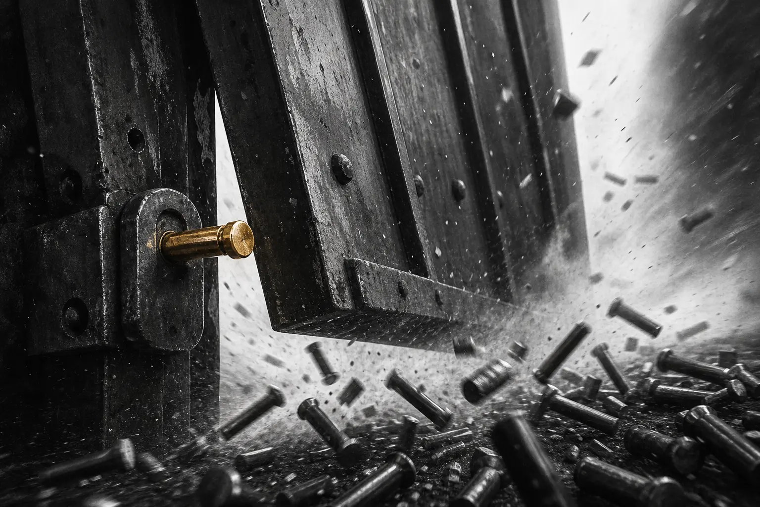 A single pin holding an industrial gate as others scatter