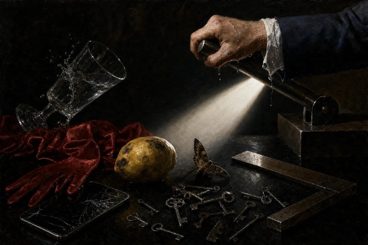 A painted still life of tools, keys, and a decisive lever