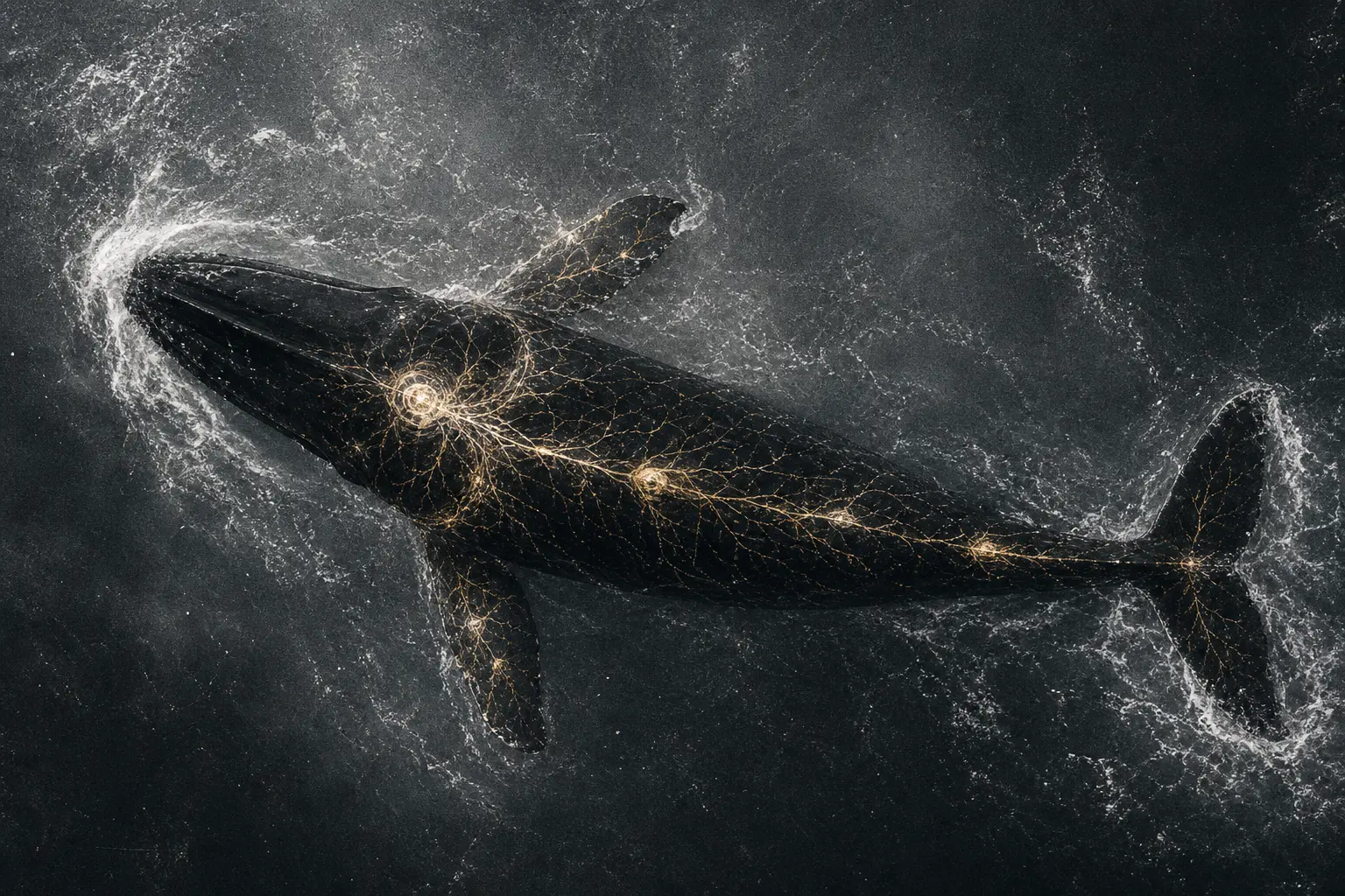 A whale moving through the sea with a visible living network