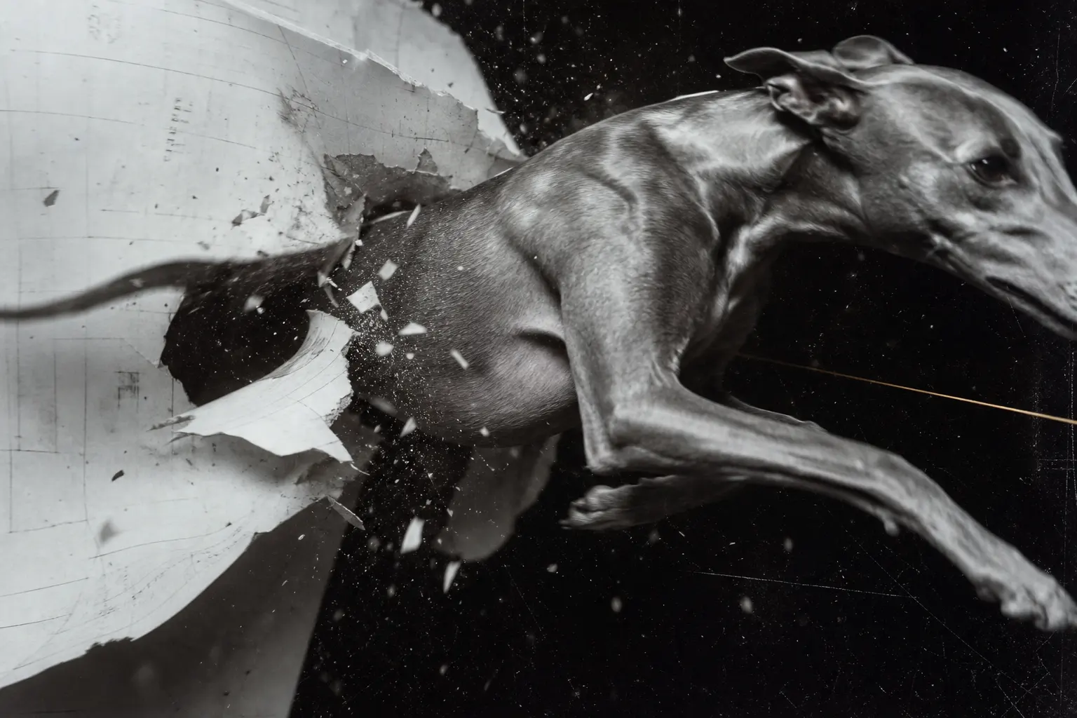 A greyhound breaking through an unfinished paper wall