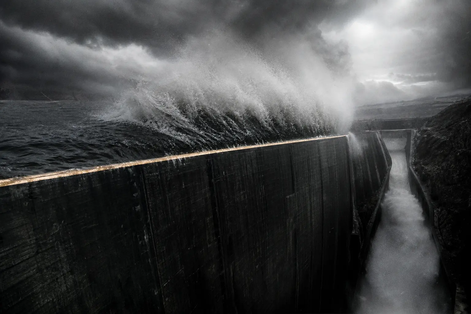 A storm wave pressing against a reservoir capacity line