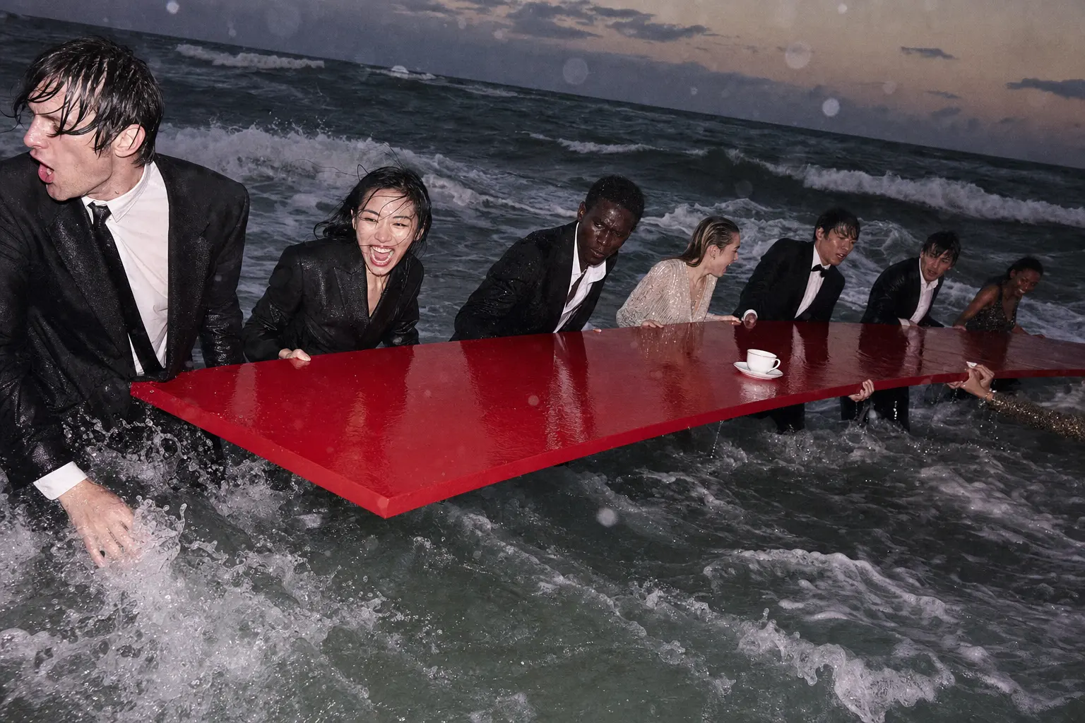 People in formal clothes carrying a red table through the sea