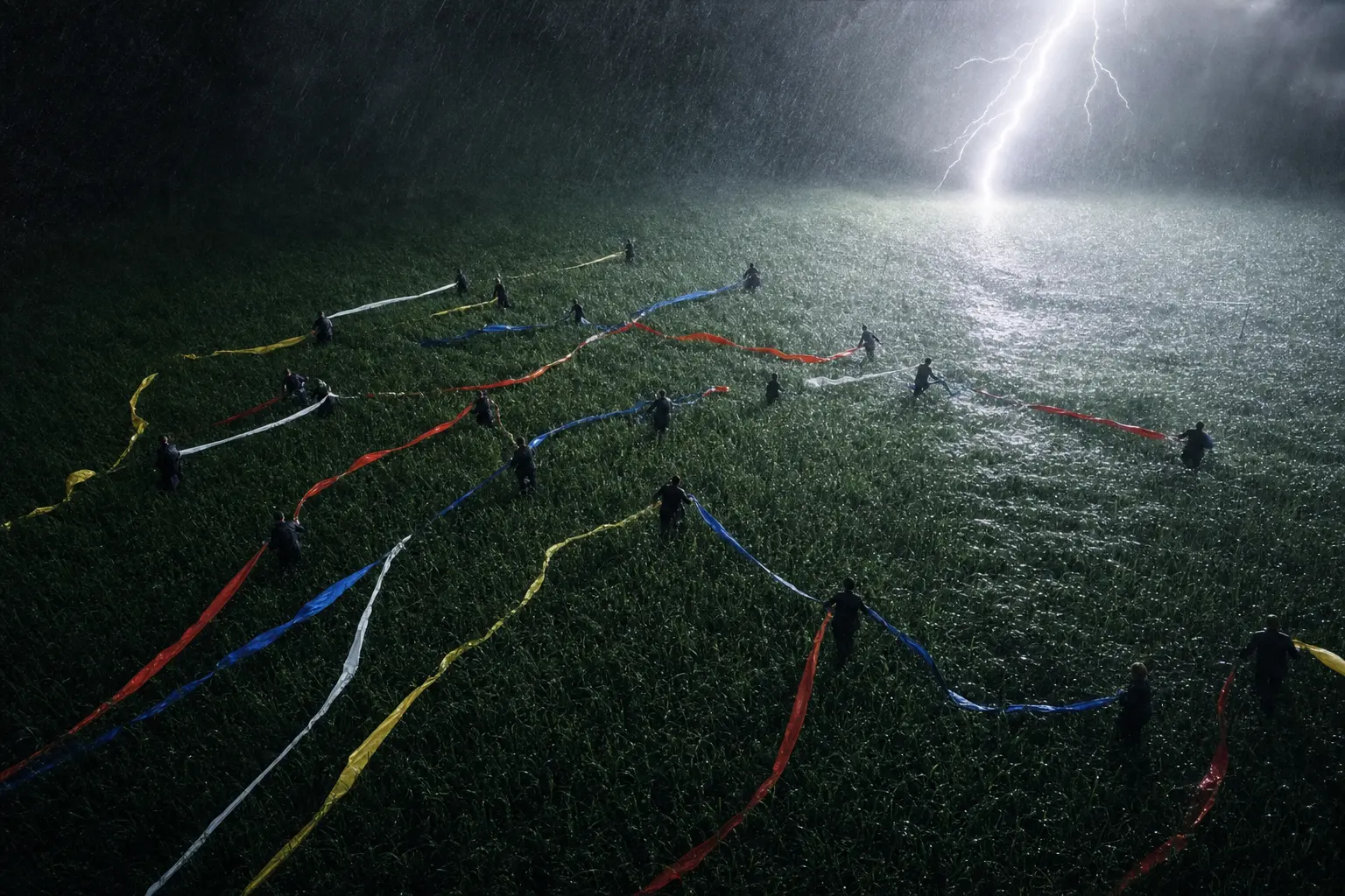 People mapping a storm-lit field with colored ribbons
