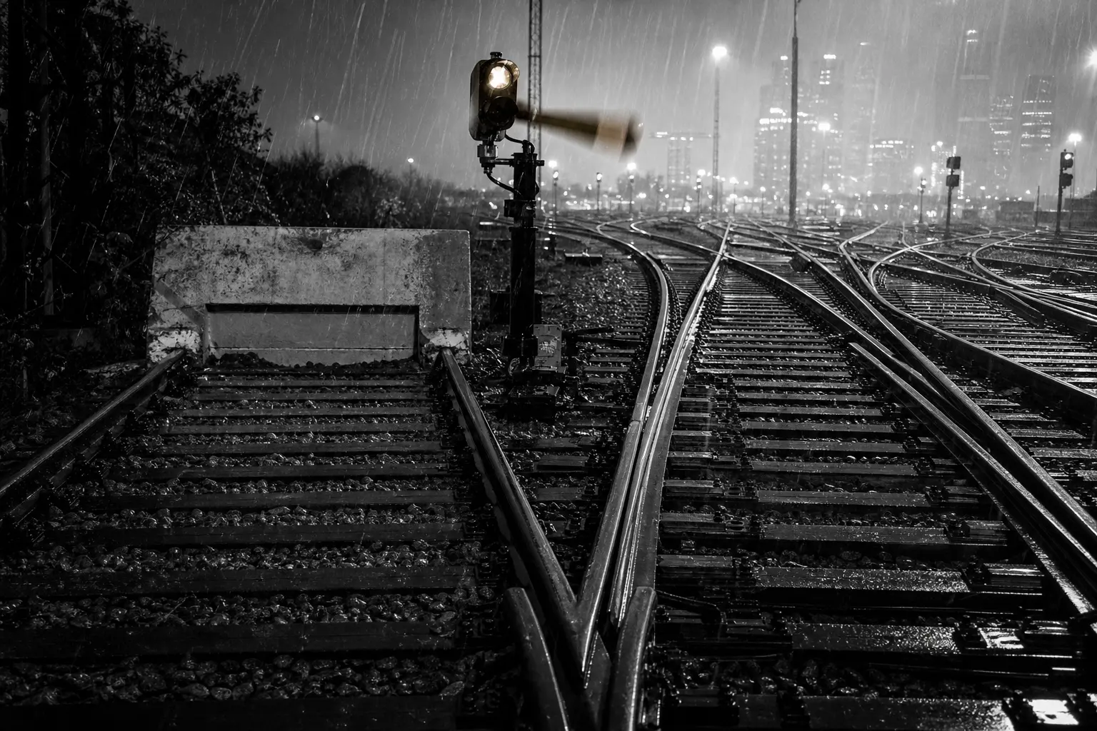 Railway tracks splitting between a dead end and a wider network
